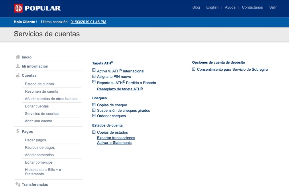 Screenshot of account services in Mi Banco